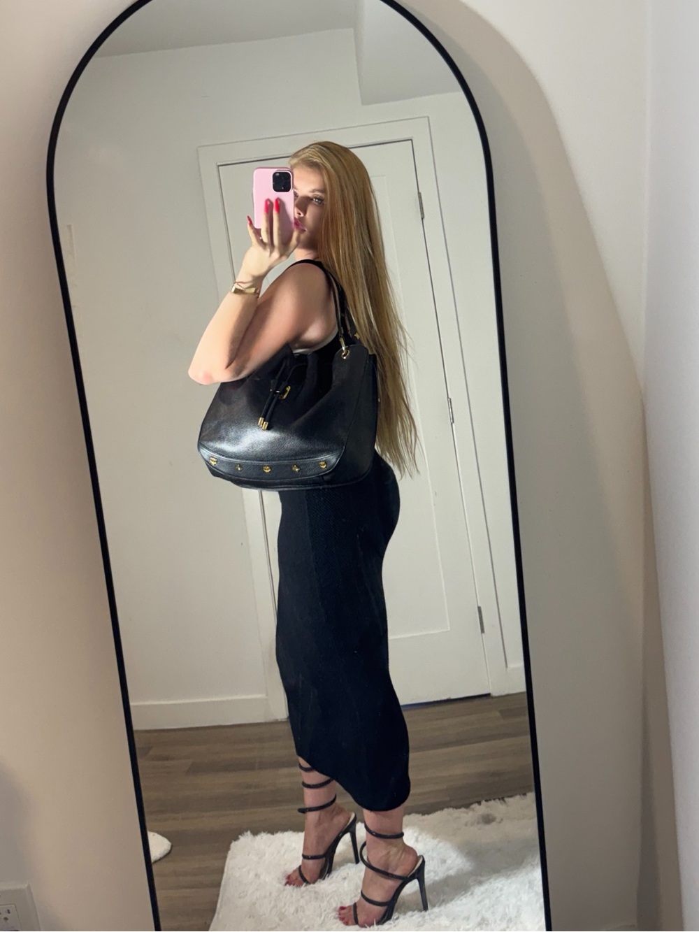 Classic Black Drawstring Leather Tote Bag - Picture 2 of 5